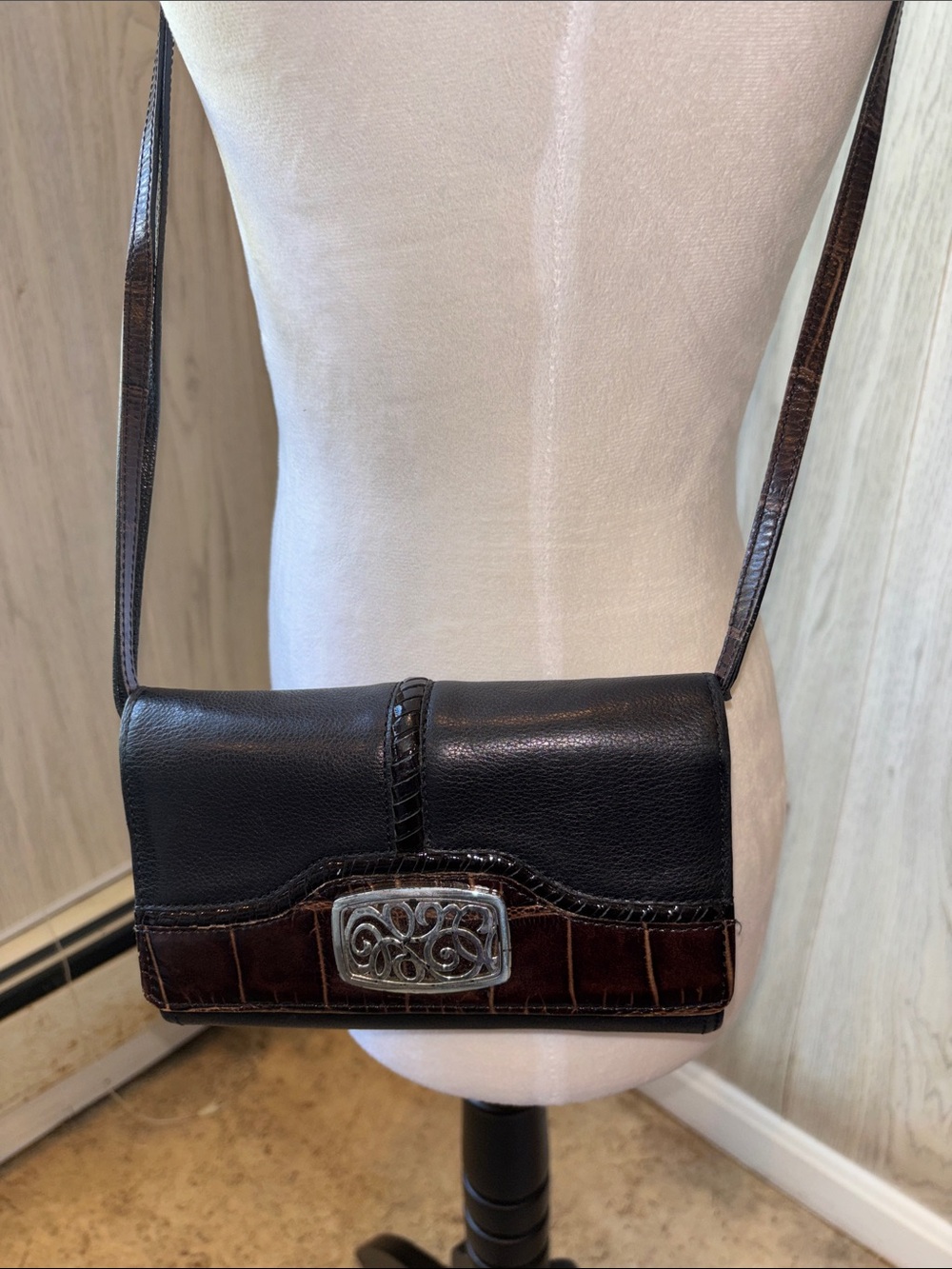Brighton Black and Dark Brown Leather Crossbody with Silver Accent